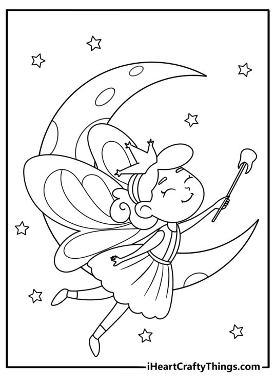 Tooth Fairy coloring page for kids with a fairy flying past a crescent moon