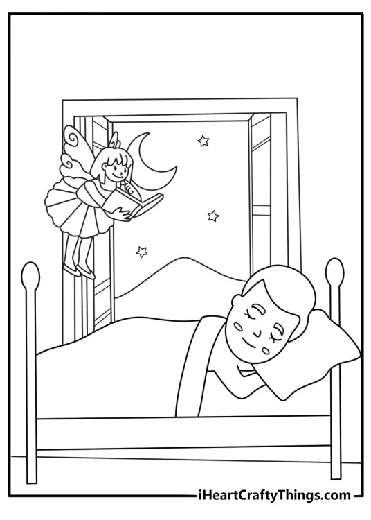 Tooth Fairy coloring page with a fairy reading a bedtime tooth note