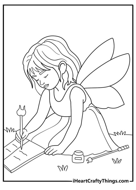 Tooth Fairy coloring page with a fairy writing in a tiny tooth record book