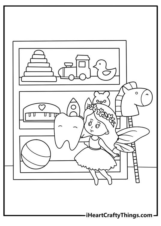 Tooth Fairy coloring pages scene with a fairy checking a bedroom shelf