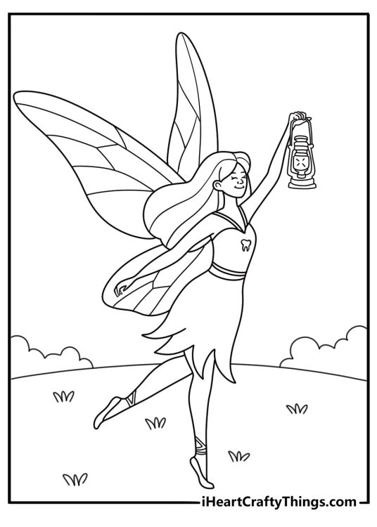 Tooth Fairy coloring printable with a fairy holding a tiny lantern