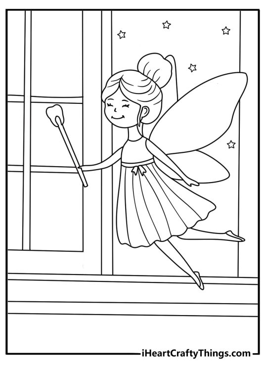 Tooth Fairy coloring sheet with a fairy opening a small window at night
