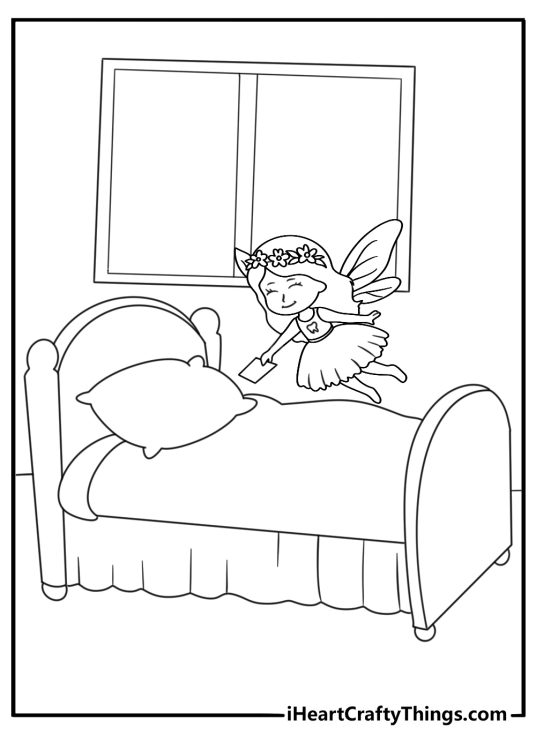 Tooth Fairy coloring sheet with a fairy placing a note near a bea