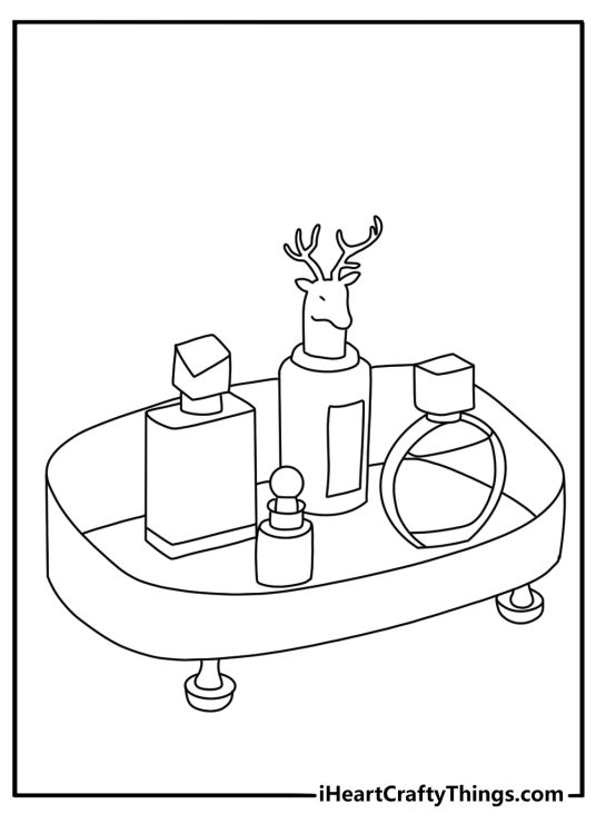 Vintage coloring page with a perfume bottle on a vanity tray