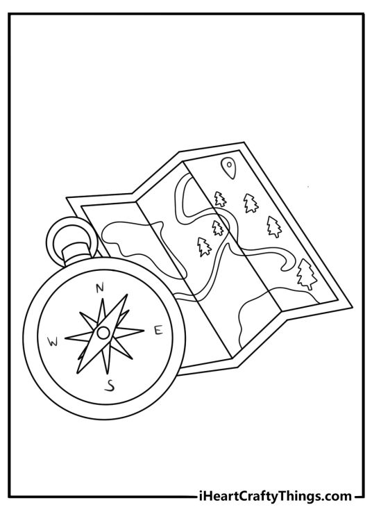 Vintage coloring page with an old compass and folded map