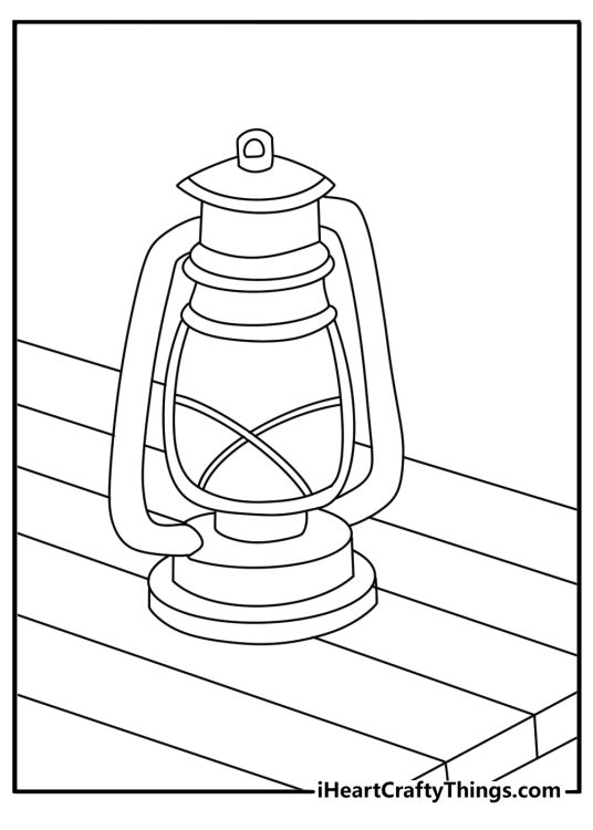 Vintage coloring page with an old lantern on a wooden table