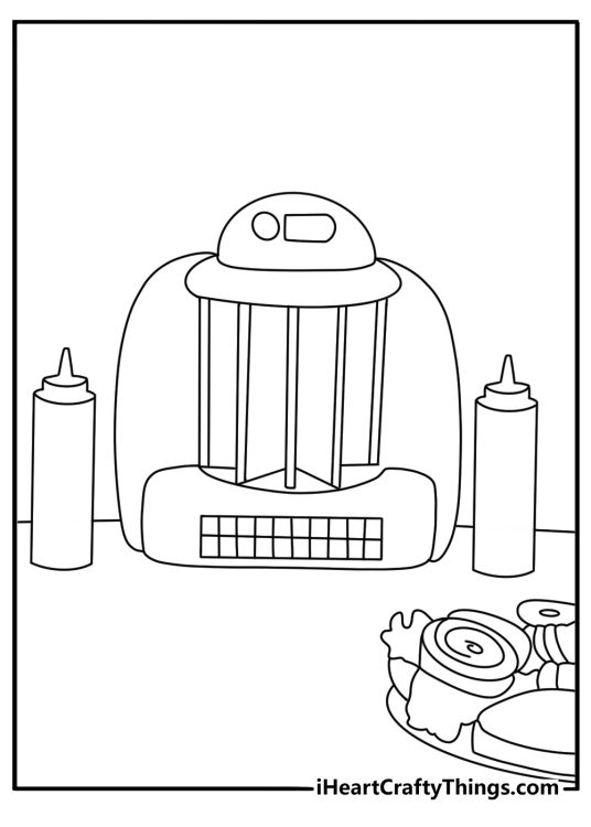 Vintage coloring pages scene with a 1950s diner booth and jukebox