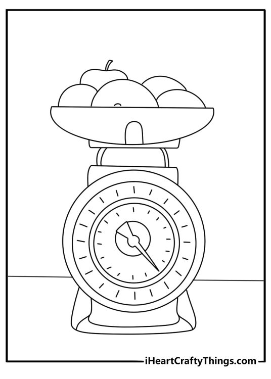 Vintage coloring pages scene with a retro kitchen scale and fruit bowl