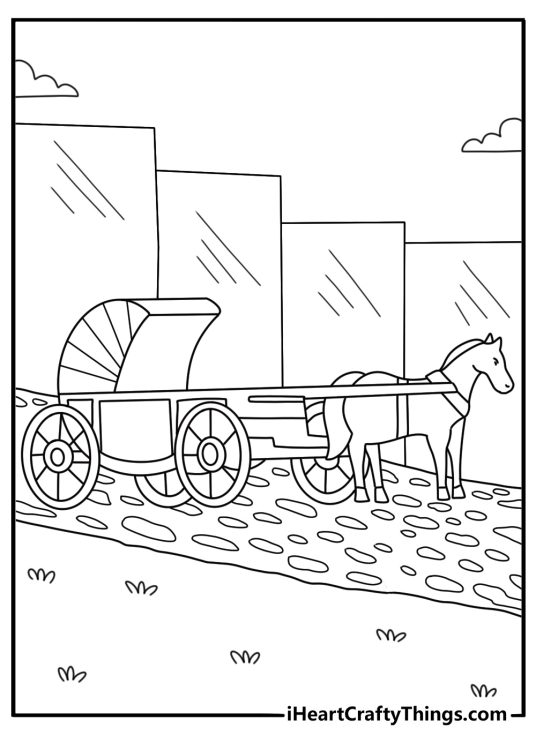 Vintage coloring printable with a horse carriage on a cobblestone road