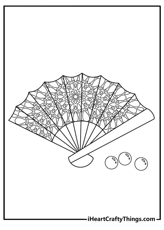 Vintage coloring sheet with a lace fan beside pearls