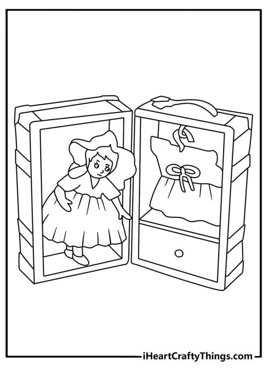 Vintage coloring sheet with a porcelain doll beside a toy chest