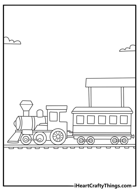 Vintage printable with an old steam train at a small station