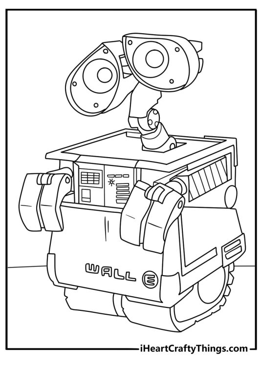 Wall E coloring page showing the robot charging his solar panels