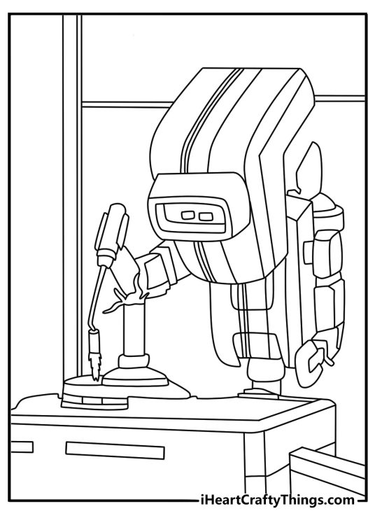 Wall E coloring pages scene featuring the robot sorting metal objects