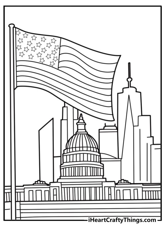 American flag waving over manhattan fun coloring sheet