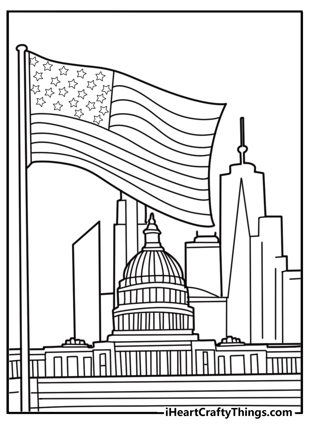 American flag waving over manhattan fun coloring sheet