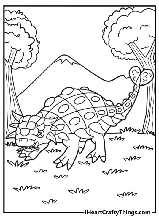 Ankylosaurus eating plants from a bush printable coloring sheet