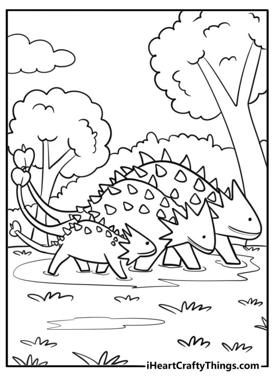 Ankylosaurus family walking together printable coloring sheet