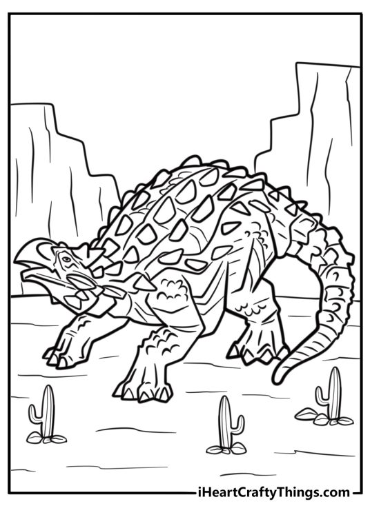 Ankylosaurus in a desert landscape free coloring page pdf