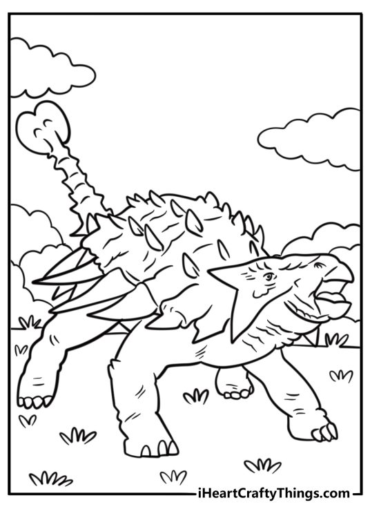Ankylosaurus roaring in a prehistoric environment free coloring page