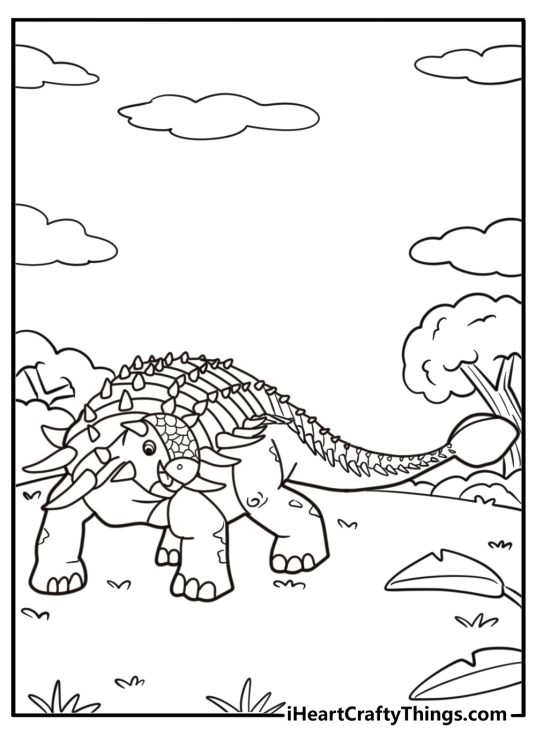 Ankylosaurus standing in a prehistoric forest coloring page