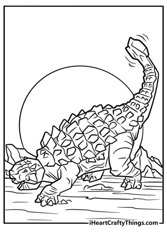 Ankylosaurus using its club tail against a predator coloring sheet