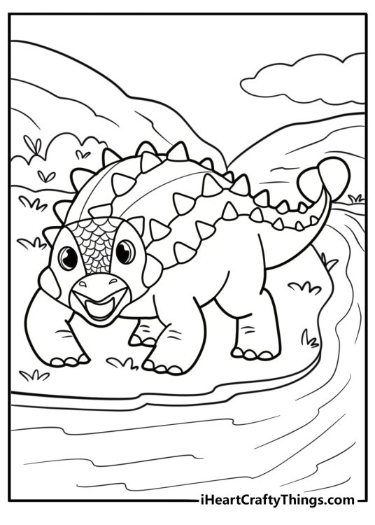 Ankylosaurus walking along a river printable coloring sheet