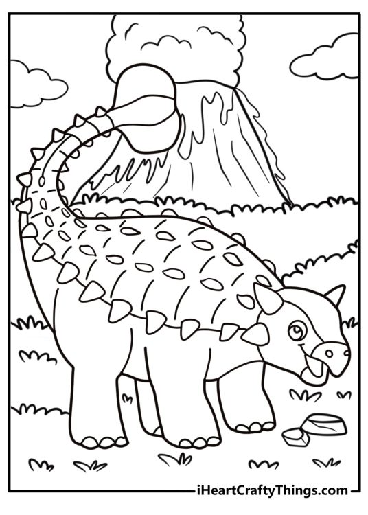 Ankylosaurus walking near volcanoes printable coloring sheet