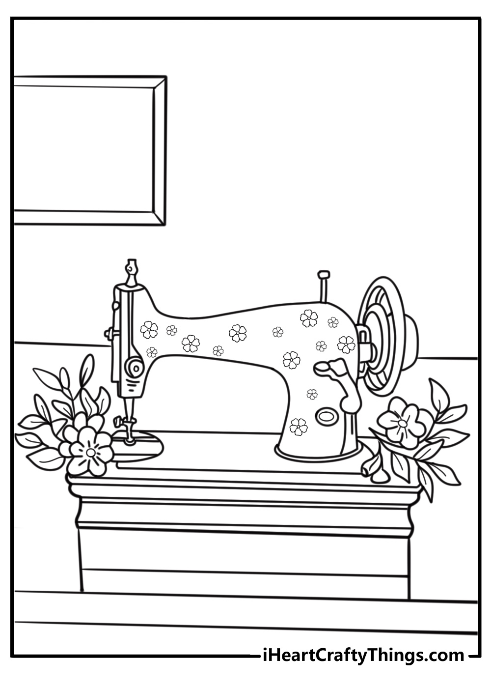 Antique sewing machine with floral patterns detailed coloring sheet