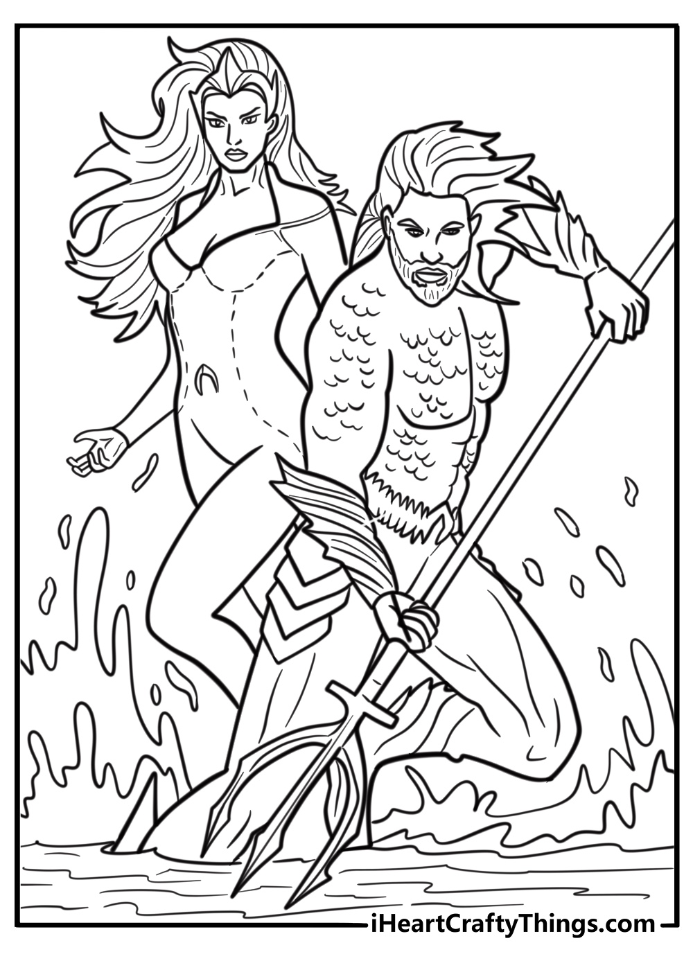 Aquaman and mera battling enemies free coloring page pdf