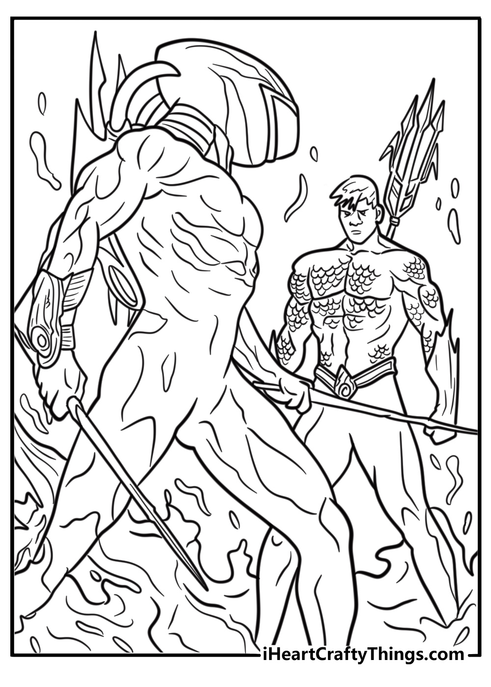 Aquaman fighting ocean master coloring page for kids