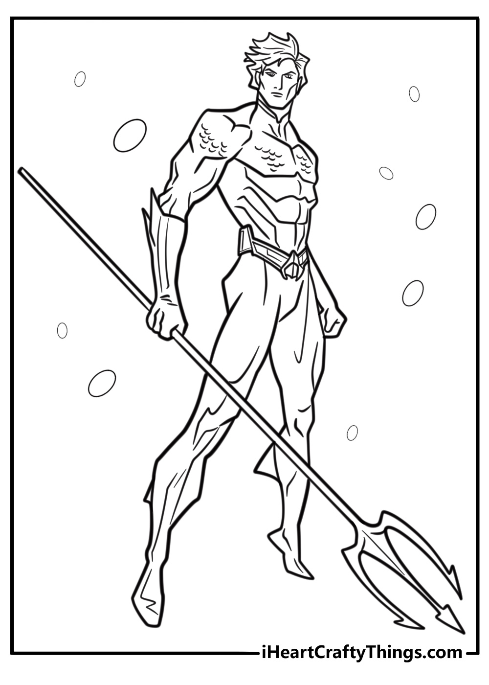 Aquaman holding his trident ready for battle fun coloring sheet