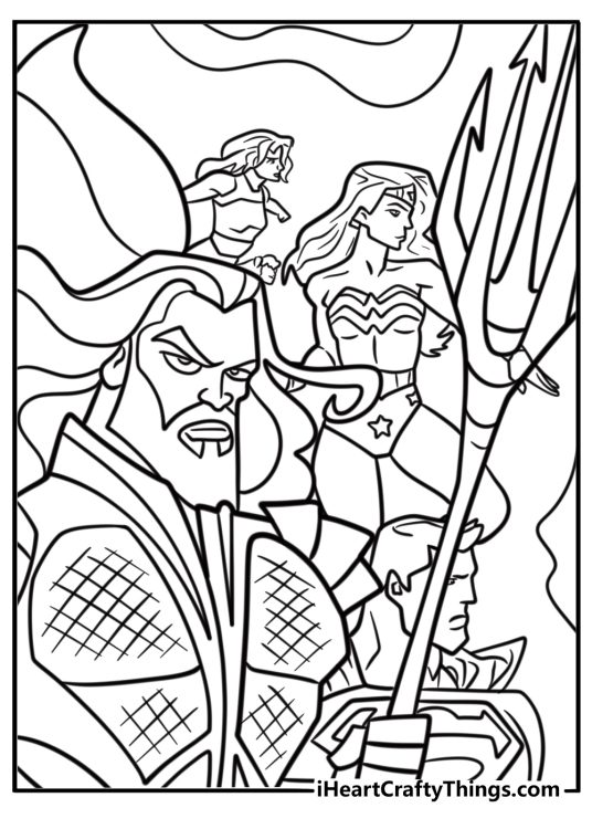 Aquaman leading an army of Atlanteans coloring page