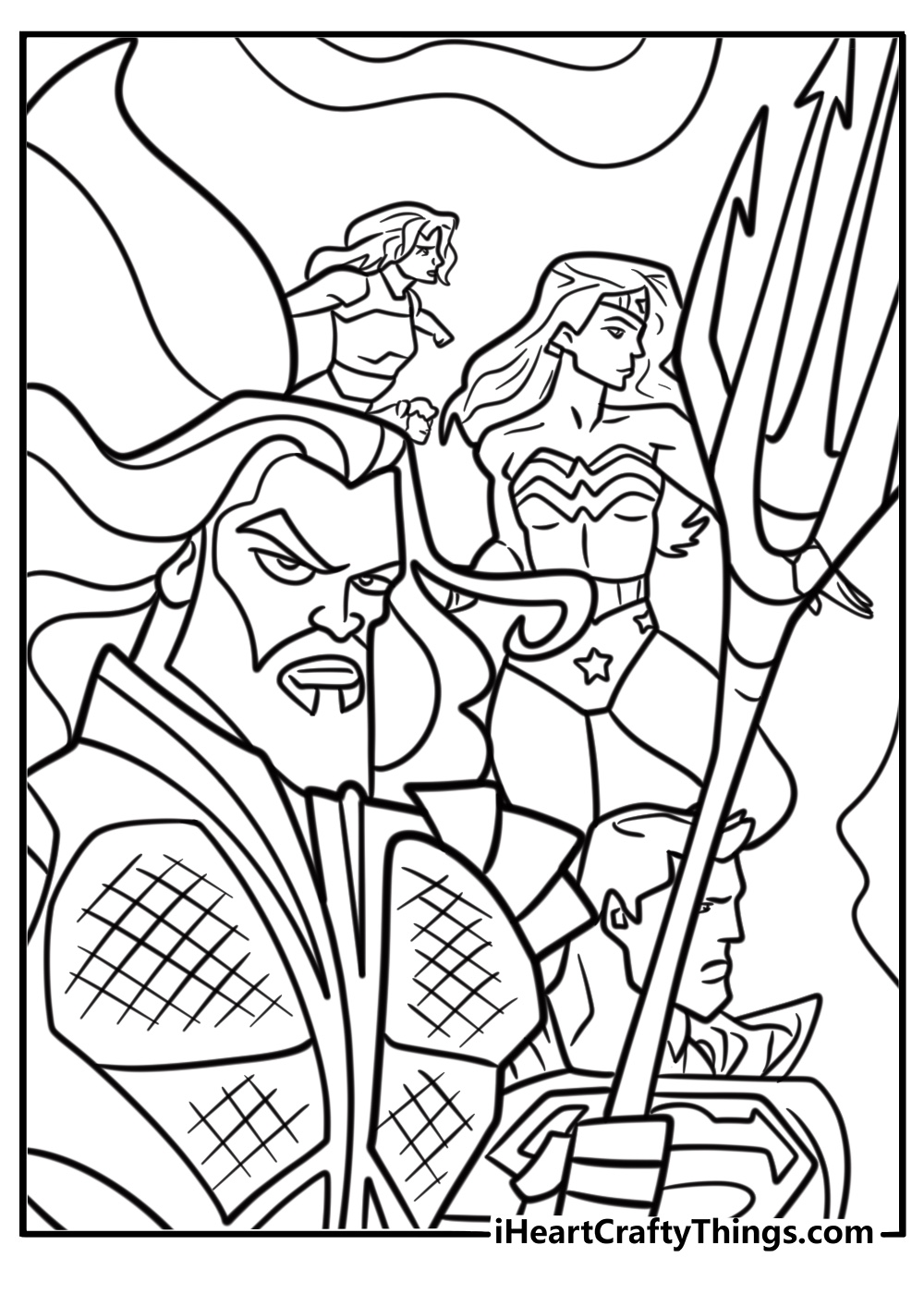 Aquaman leading an army of Atlanteans coloring page