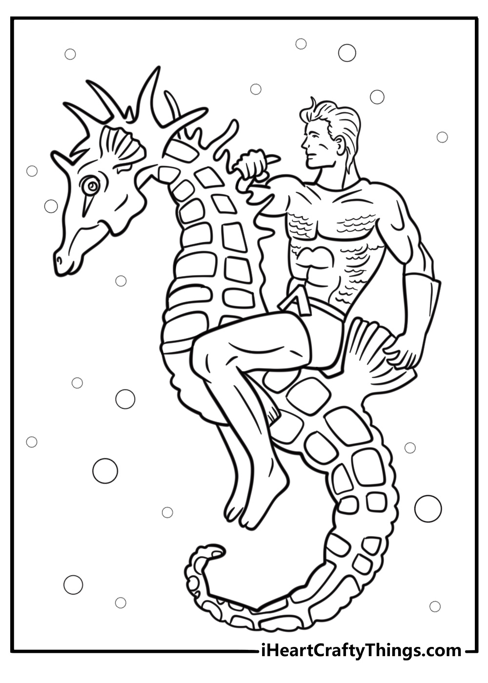 Aquaman riding a giant seahorse fun printable coloring sheet