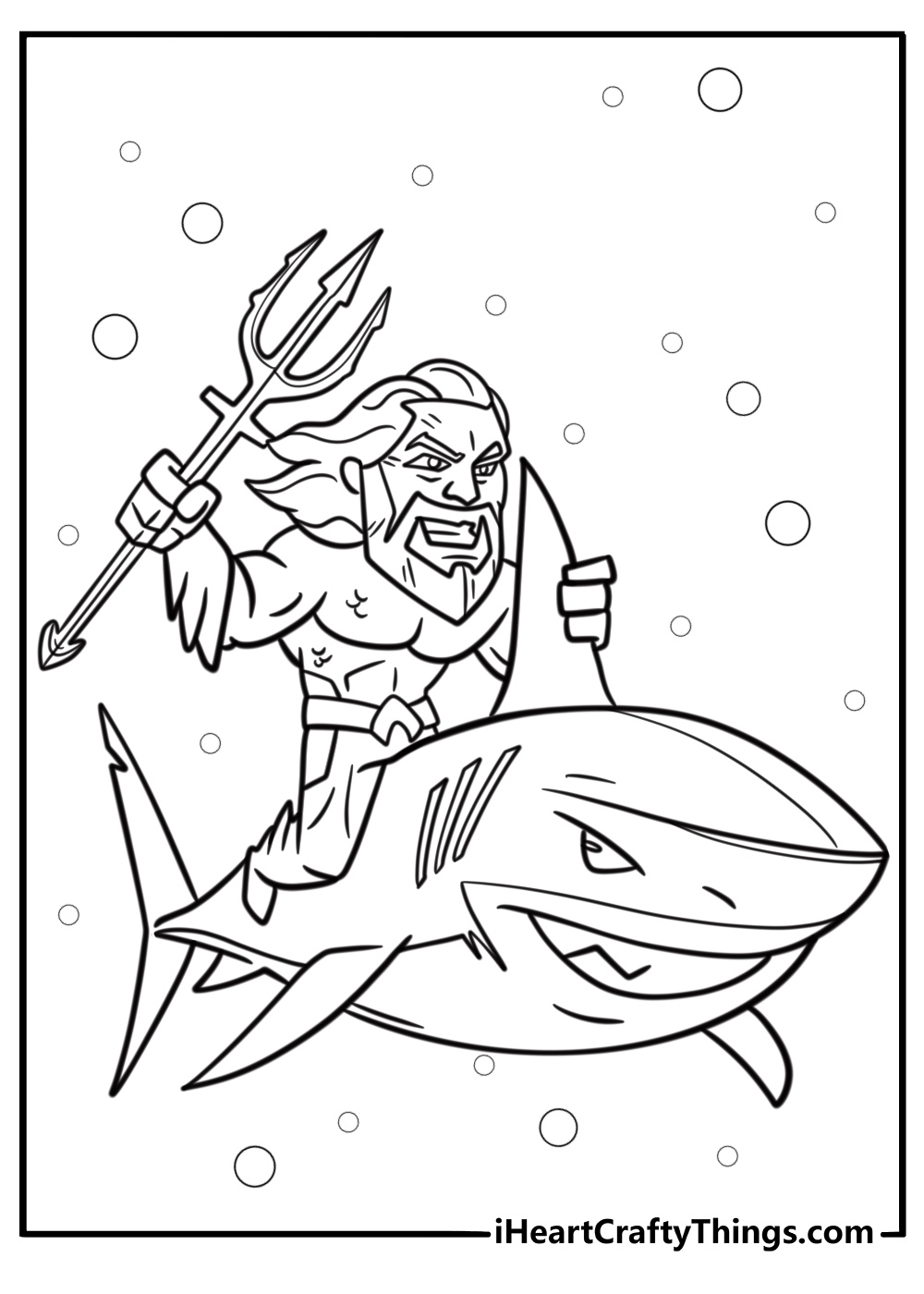 Aquaman riding a shark free printable coloring page