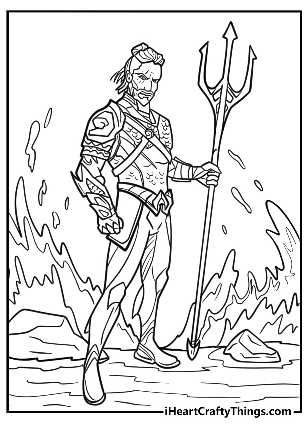 Aquaman standing on a rock with waves crashing fun coloring sheet