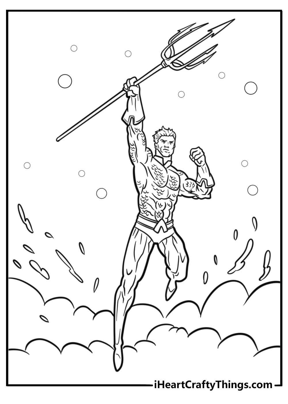 Aquaman standing strong with ocean waves fun coloring sheet