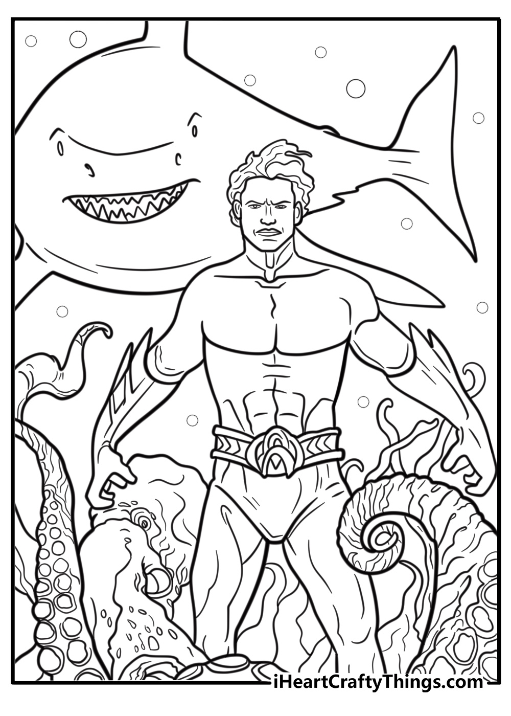 Aquaman summoning sea creatures detailed coloring sheet