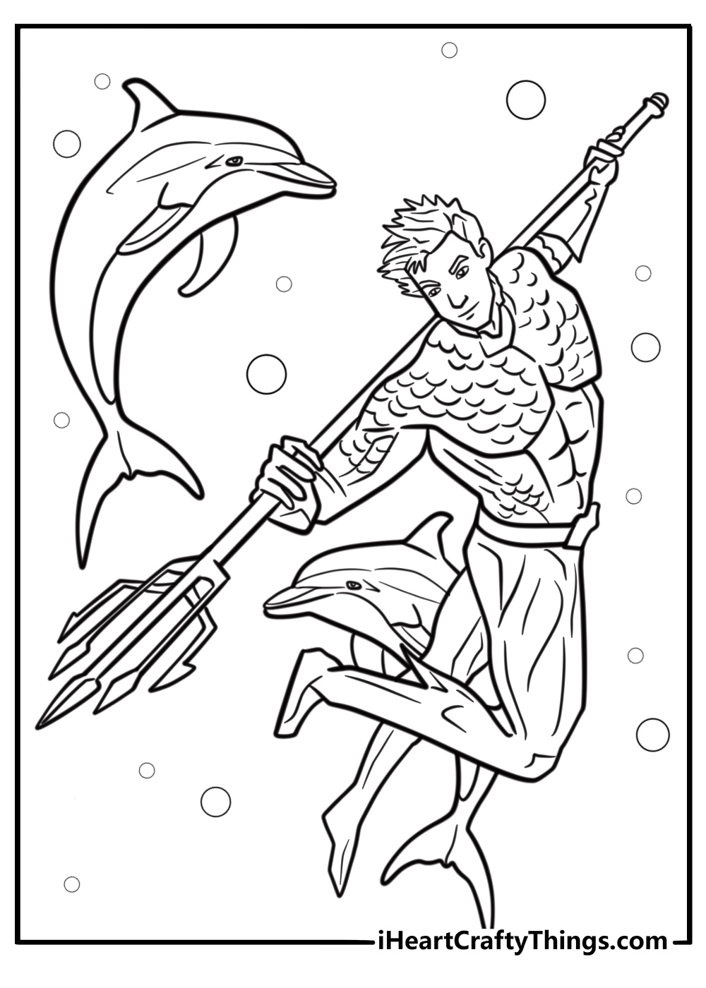 Aquaman with dolphins swimming beside him detailed coloring sheet