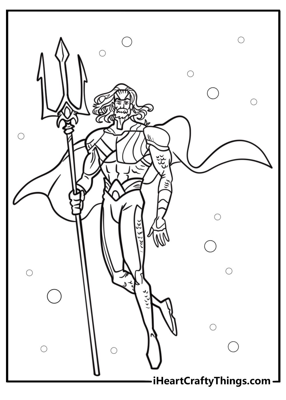 Aquaman with flowing hair in the ocean free printable coloring page