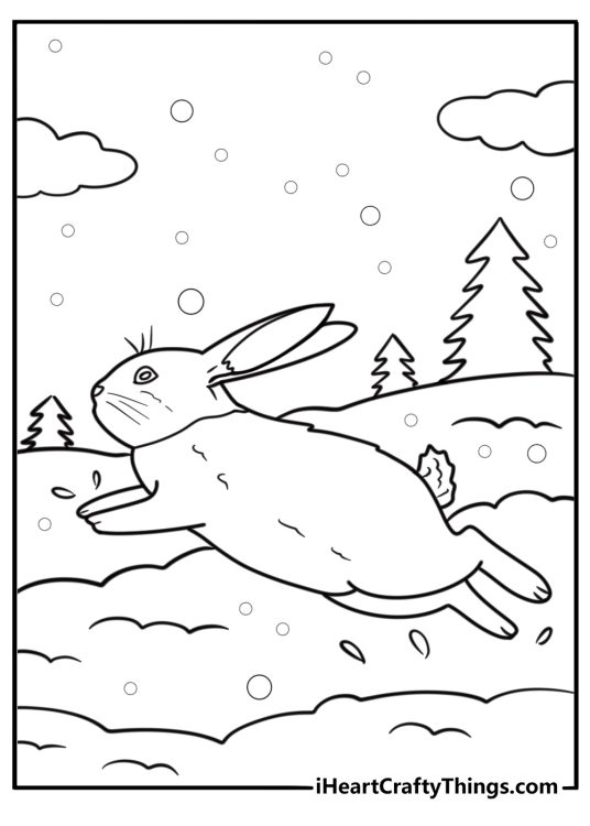 Arctic hare jumping on snow coloring page for kids