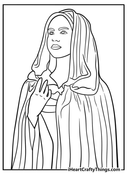 Arwen with her Elven cloak fun printable coloring sheet