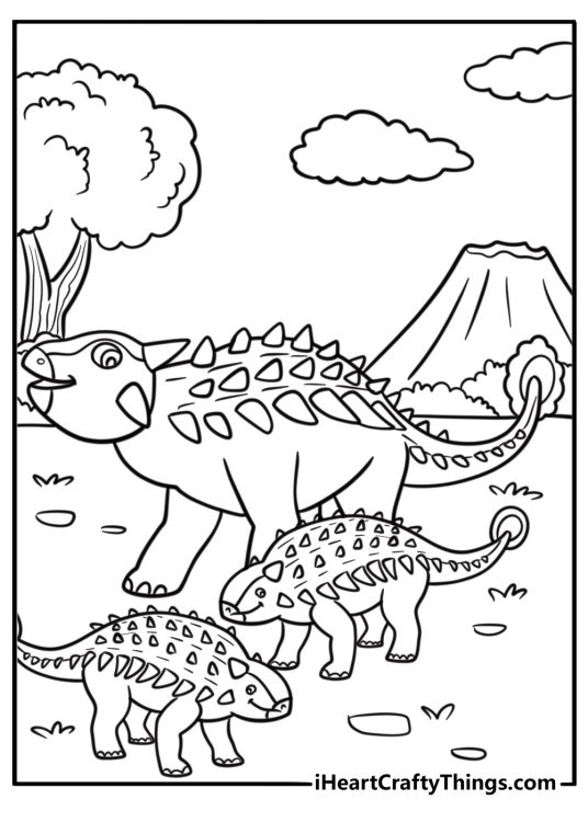 Baby ankylosaurus walking next to its mother coloring page