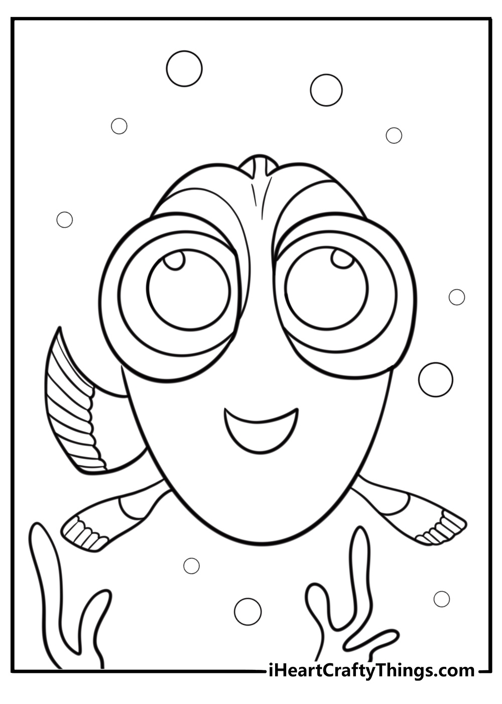 Baby Dory with big eyes detailed coloring sheet