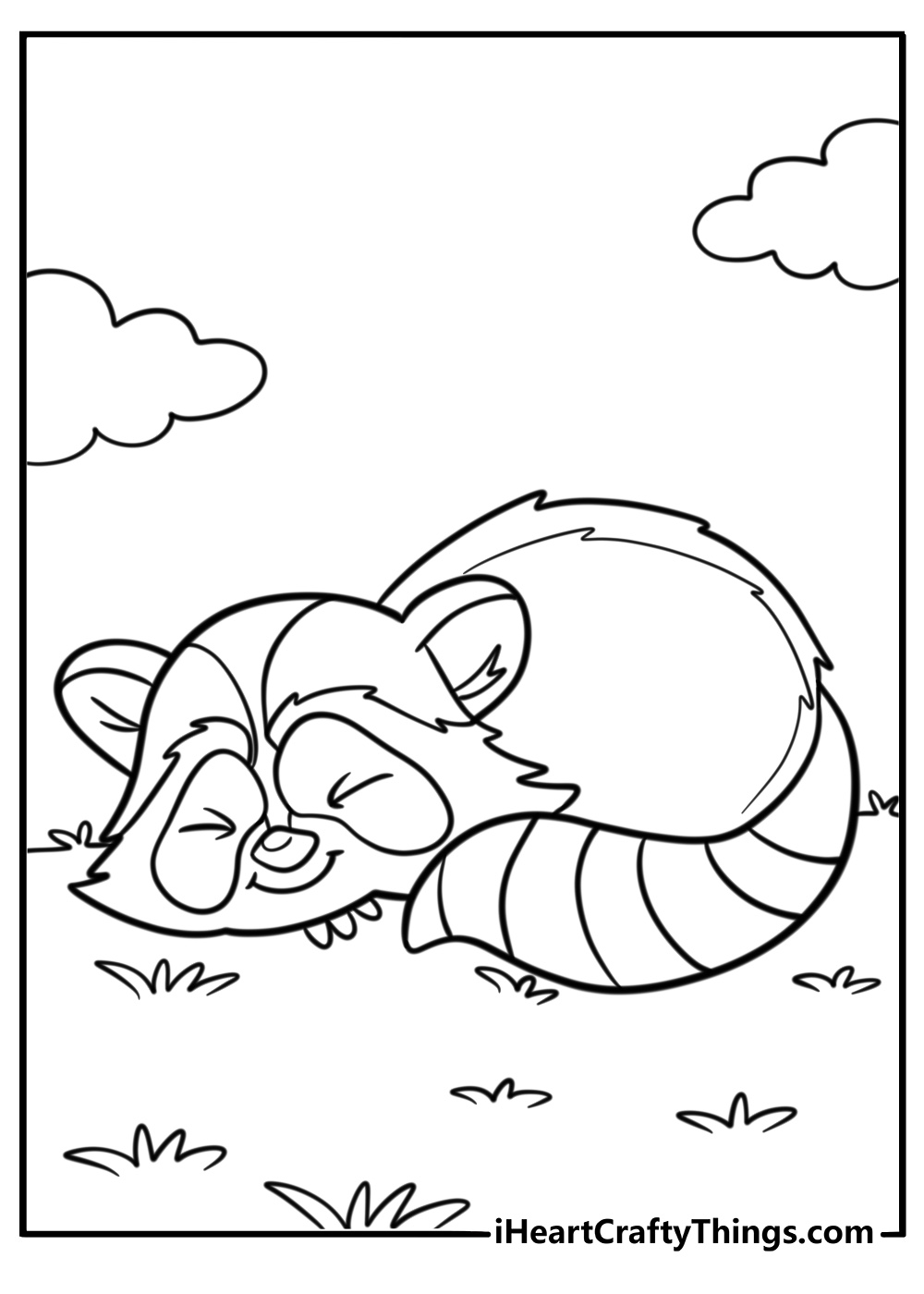 Baby raccoon curled up sleeping detailed coloring sheet