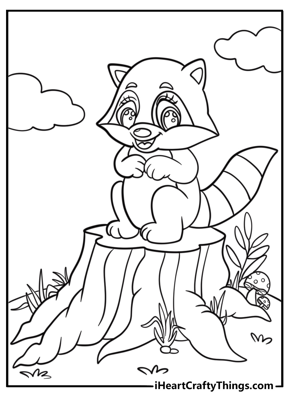 Baby raccoon sitting on a tree stump free coloring page pdf