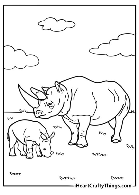 Baby rhino following its mother fun coloring page