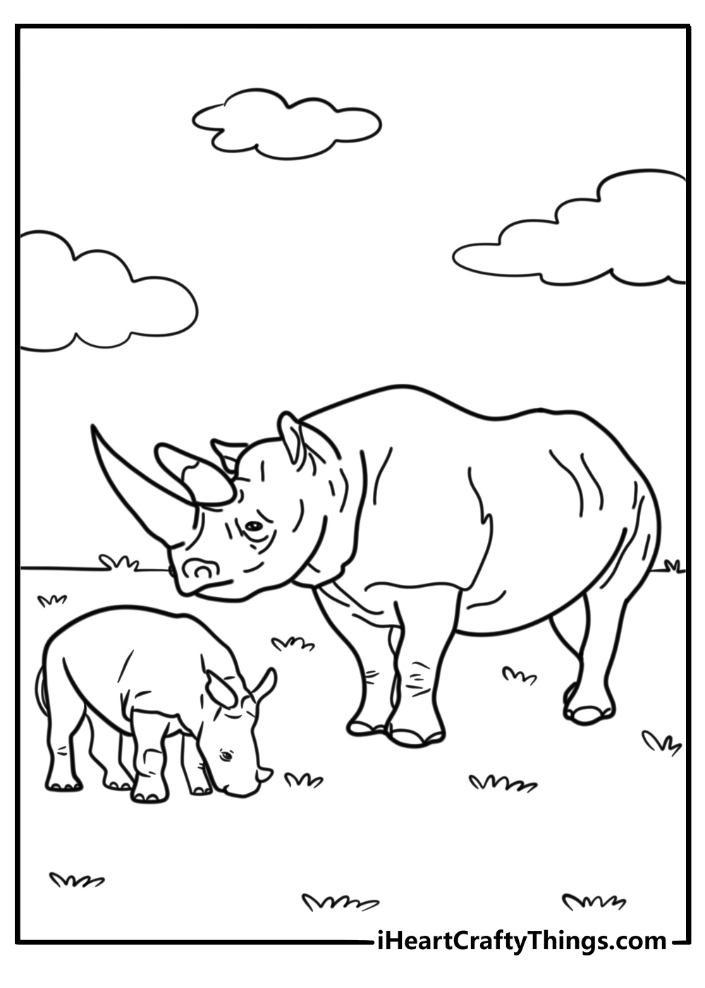 Baby rhino following its mother fun coloring page