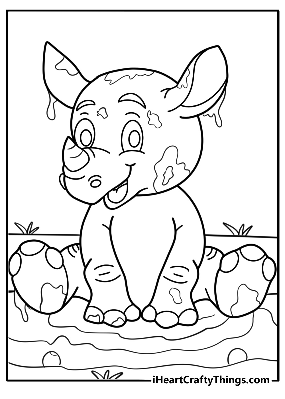 Baby rhino playing in the mud fun coloring page